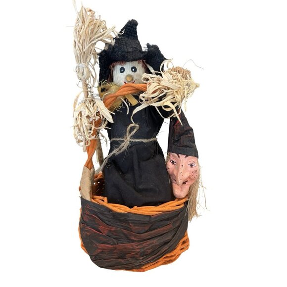 Vintage Paper Mache Halloween Wicker Basket Cornhusk Doll Wicker Creepy Doll - Picture 7 of 8